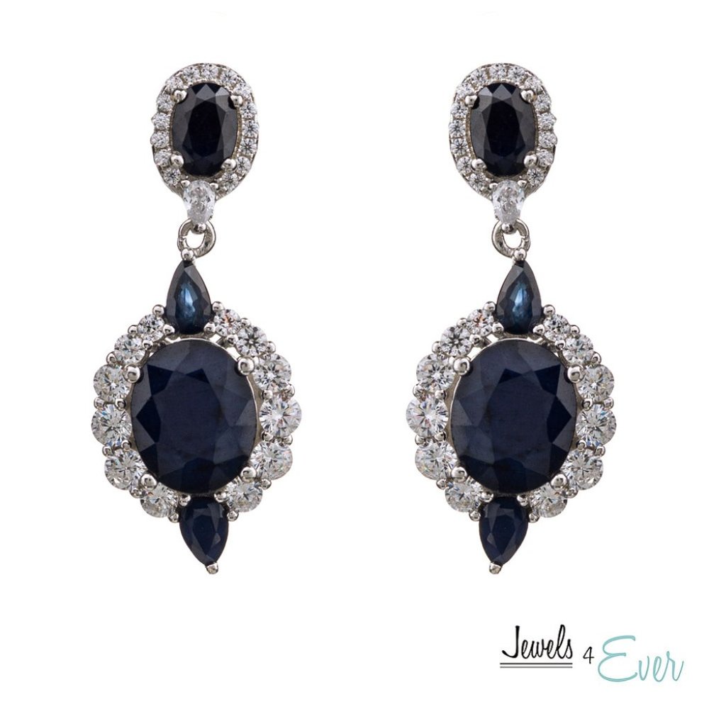 Sterling Silver Fancy Drop Style Earrings with Natural Blue Sapphire